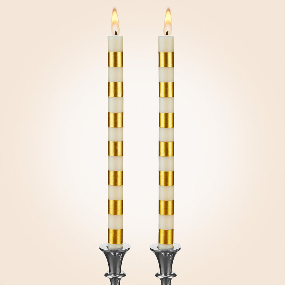 Gold Striped Beeswax Taper Candles, Box of 2