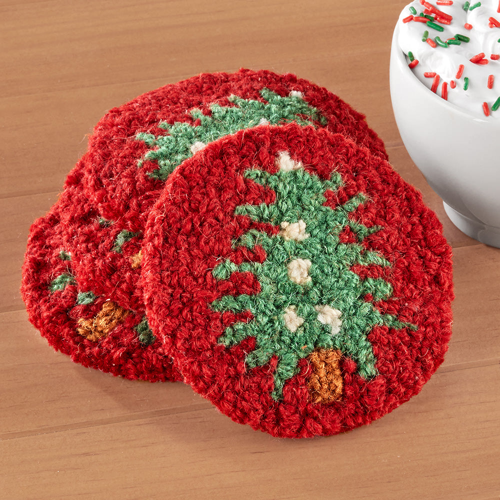 Chandler 4 Corners Hooked Wool Coaster Set, Christmas Tree