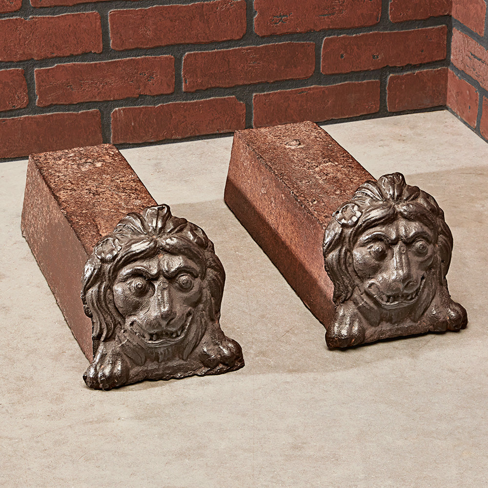 Antique Cast Iron Lion Head Andirons