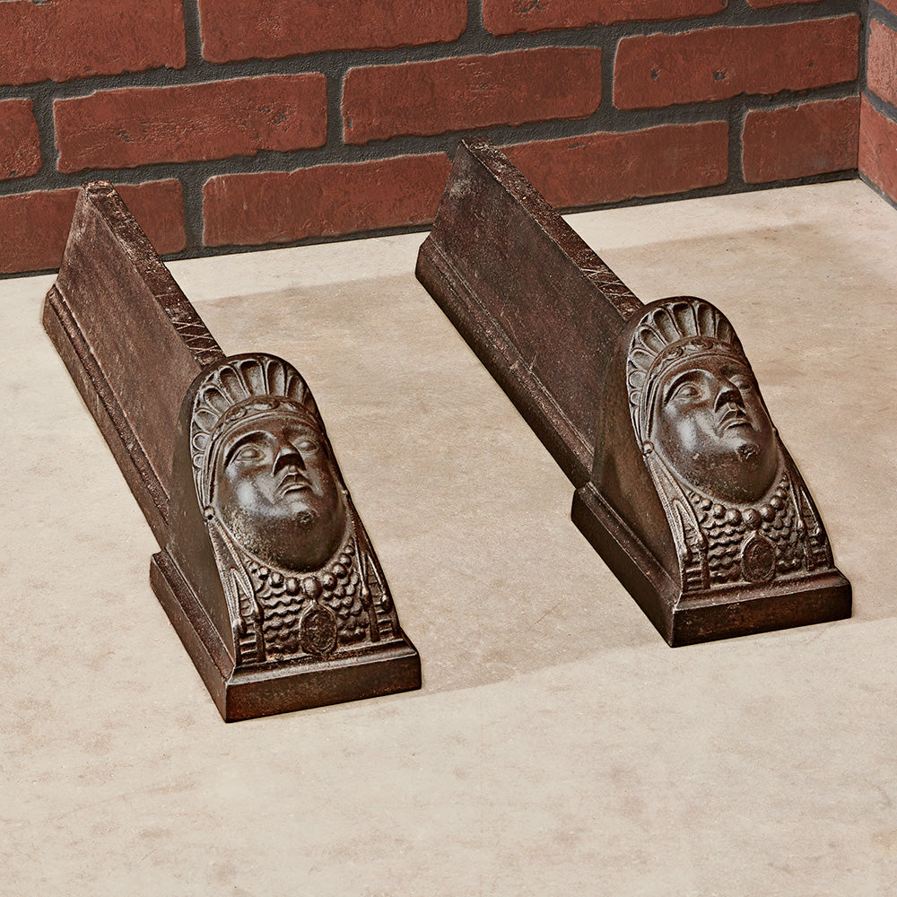 Antique Cast Iron Egyptian Head Andirons