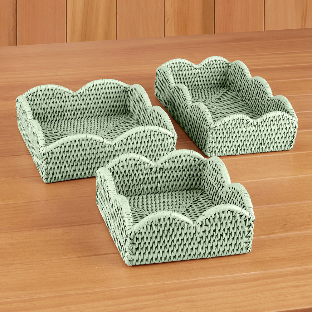 Caspari Scalloped-Edge Rattan Napkin Holders, Green