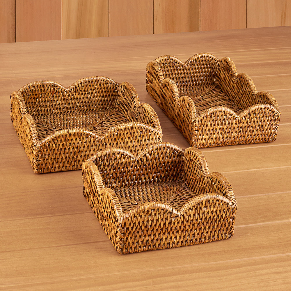 Caspari Scalloped-Edge Rattan Napkin Holders, Natural