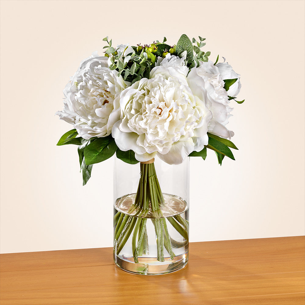 Peonies and Eucalyptus in Glass Vase