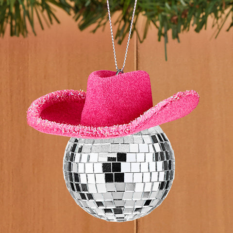 Kurt Adler Ornament, Mirrorball with Pink Cowgirl Hat