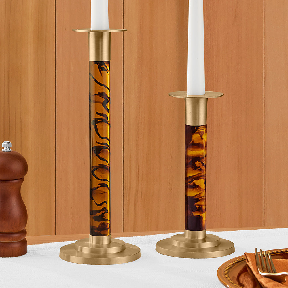 Caspari Resin & Brass Taper Candleholder, Tortoiseshell