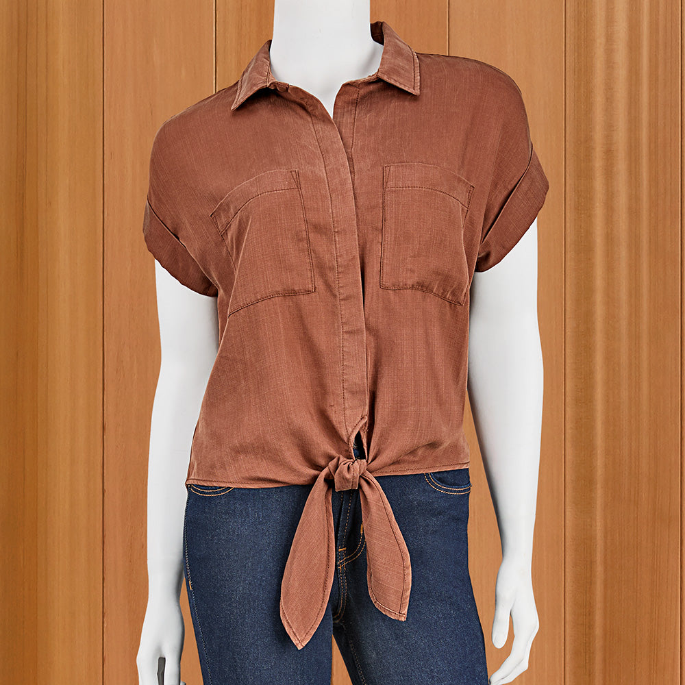 Renuar Women's Luxe Short Sleeve Tie-Front Button-Down Shirt