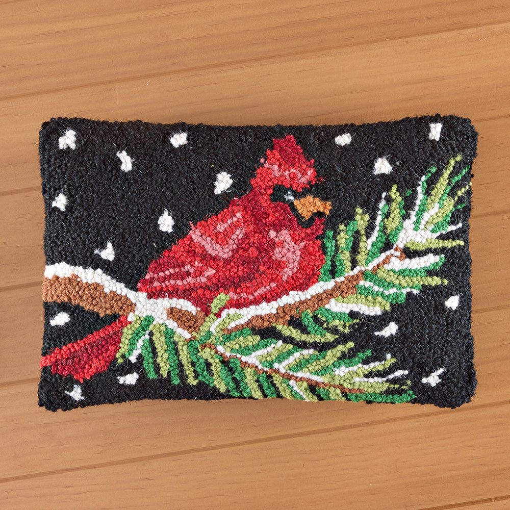 Peking Handicraft 12" x 8" Hooked Pillow, Cardinal on Snowy Fir Branch