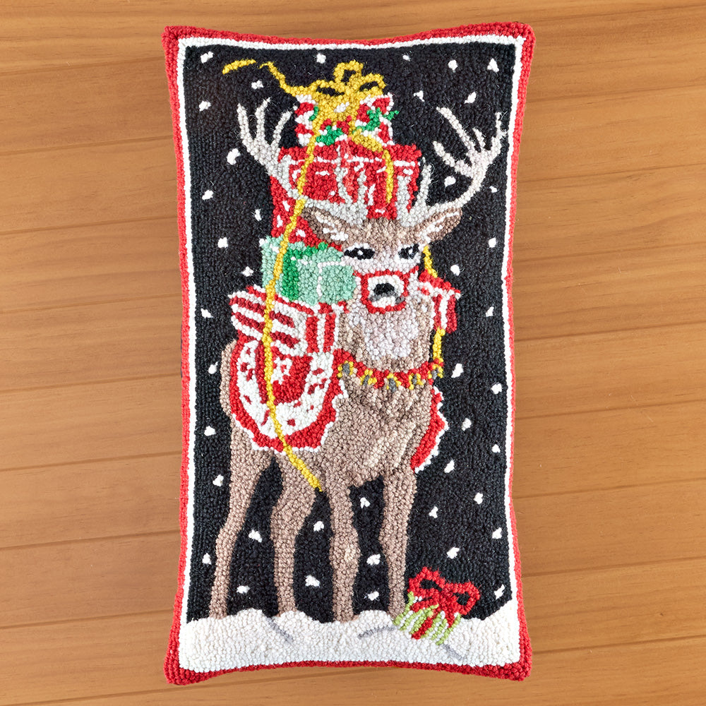 Peking Handicraft 12" x 22" Hooked Pillow, Holiday Gifts Reindeer