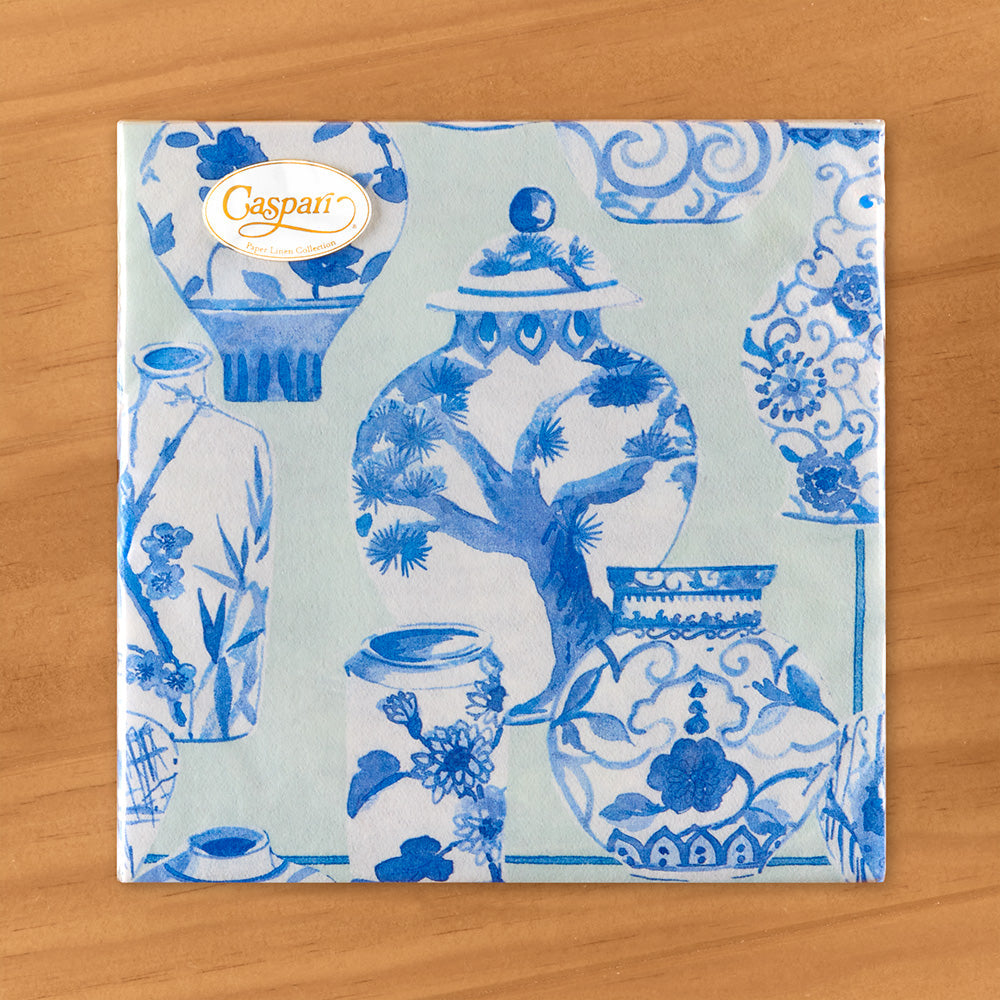 Caspari Paper Linen Napkins, Celadon Chinoiserie
