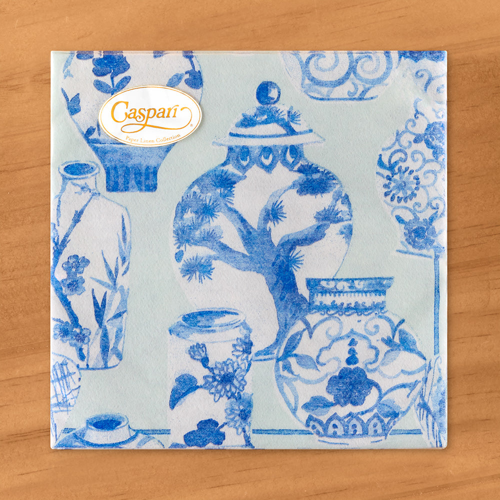 Caspari Paper Linen Napkins, Celadon Chinoiserie