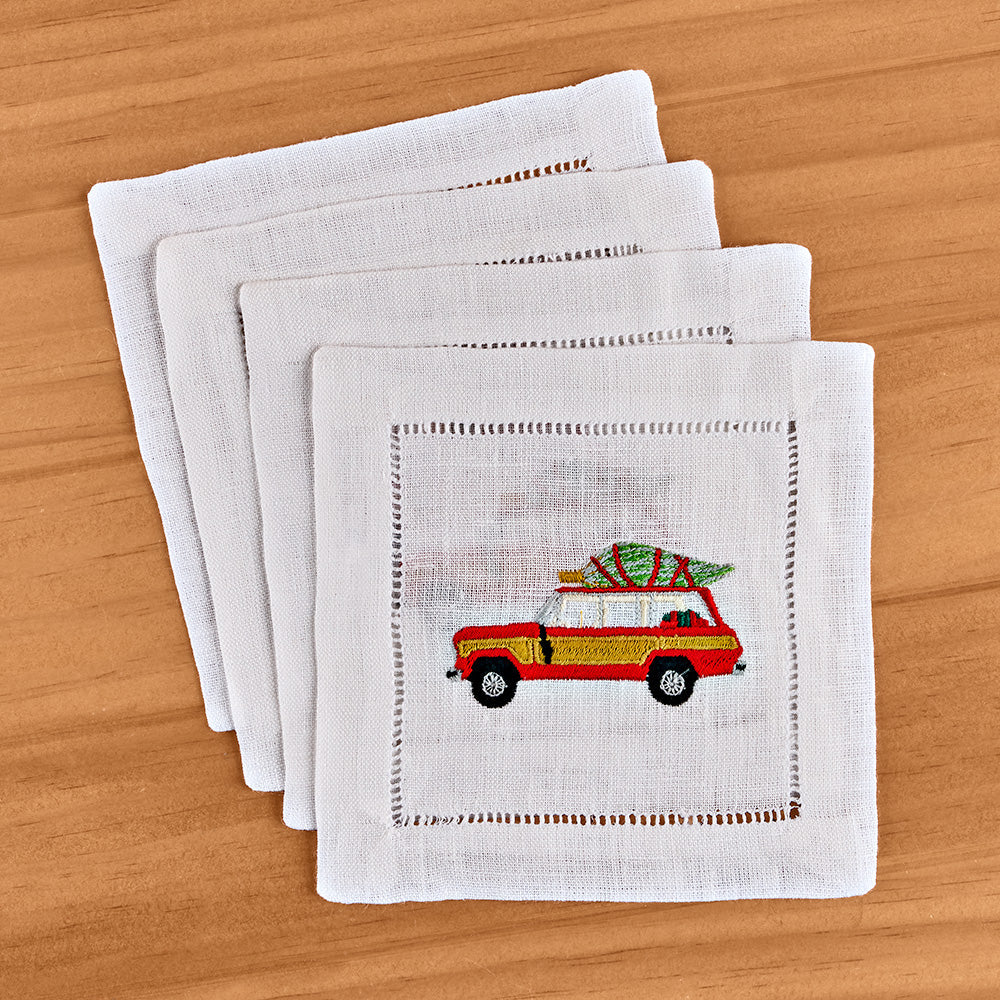 Chefanie Embroidered Linen Cocktail Napkin Set, Woody Wagon with Christmas Tree