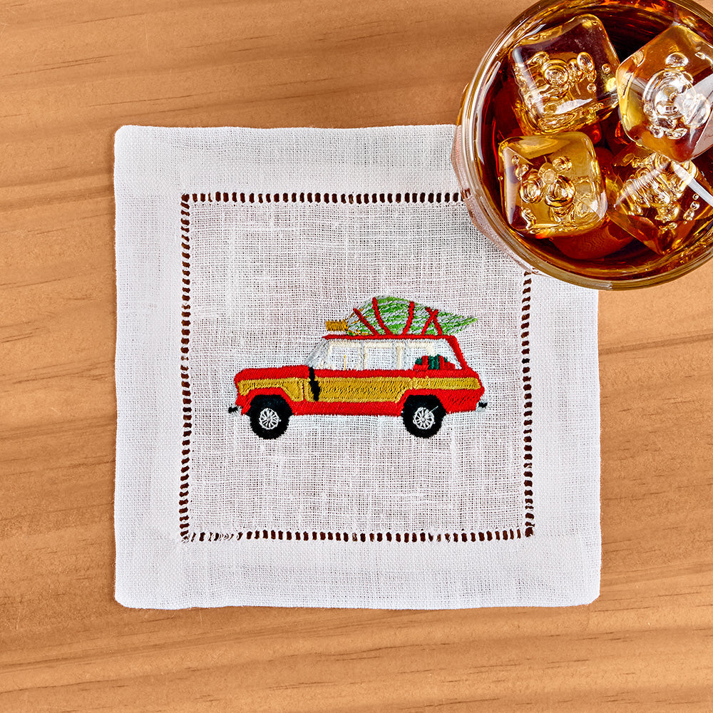 Chefanie Embroidered Linen Cocktail Napkin Set, Woody Wagon with Christmas Tree
