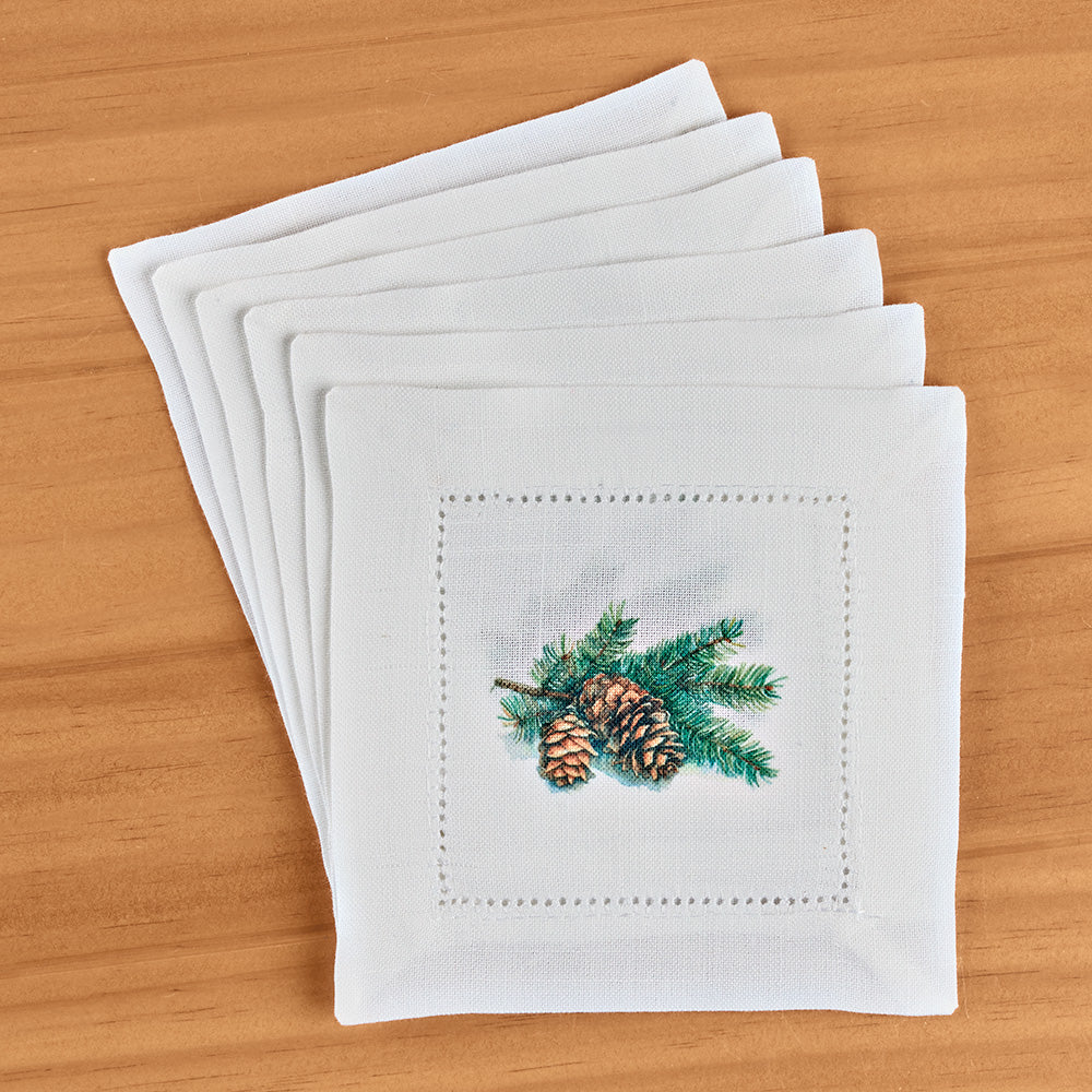 Jolitee Hemstitch Cocktail Napkin Set, Pinecones
