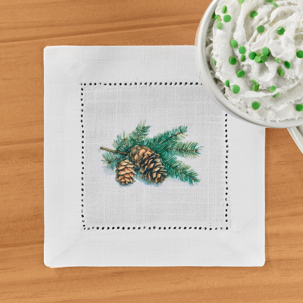 Jolitee Hemstitch Cocktail Napkin Set, Pinecones