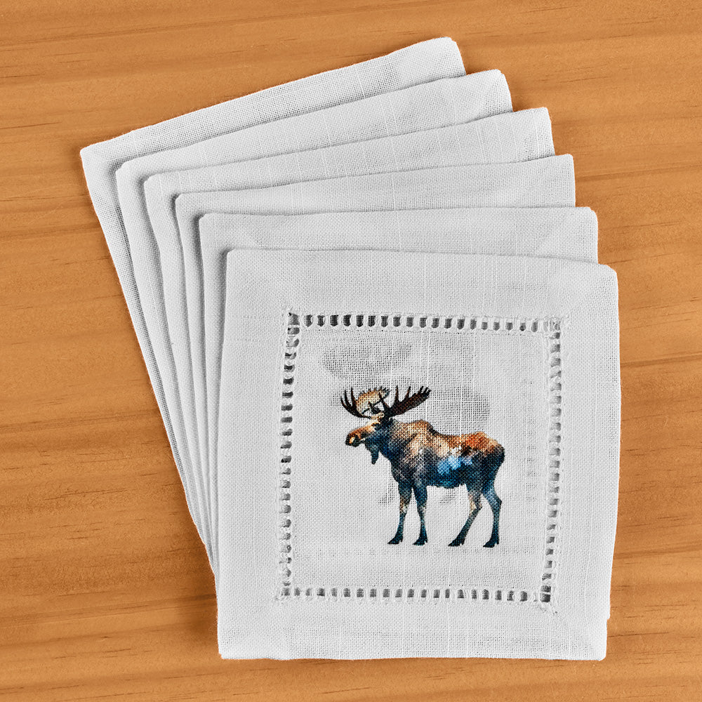 Jolitee Hemstitch Cocktail Napkin Set, Moose