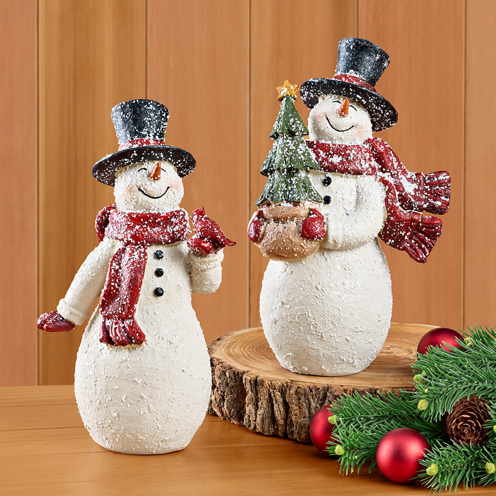 Glittered Resin Traditional Top Hat Snowman Figurines