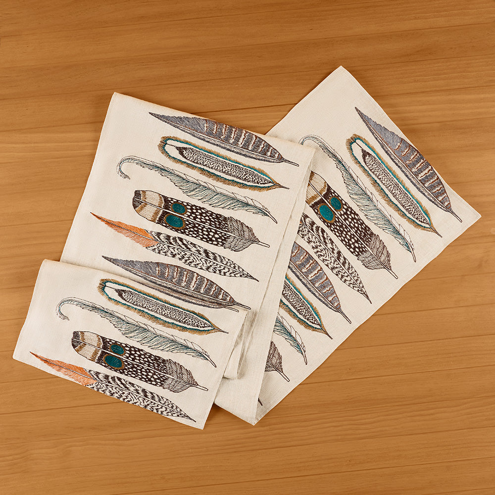 Coral & Tusk Embroidered Linen Table Runner, Feathers