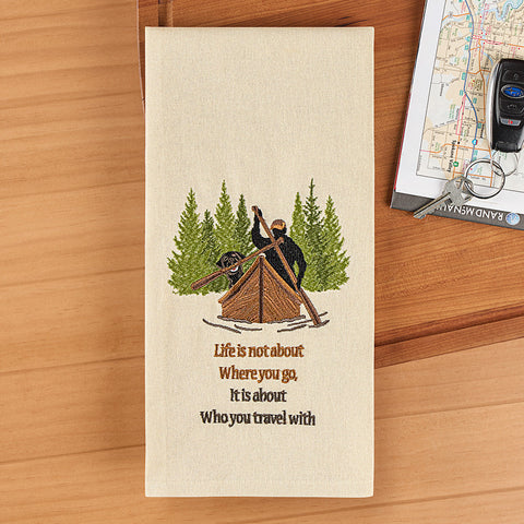 Park Designs Embroidered Dishtowel, Man and Dog in Canoe "Life Is About Who You Travel With"