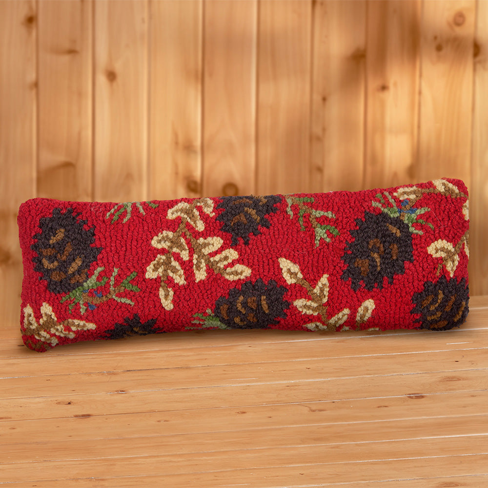 Chandler 4 Corners 8" x 24" Hooked Pillow, Ruby Pinecones