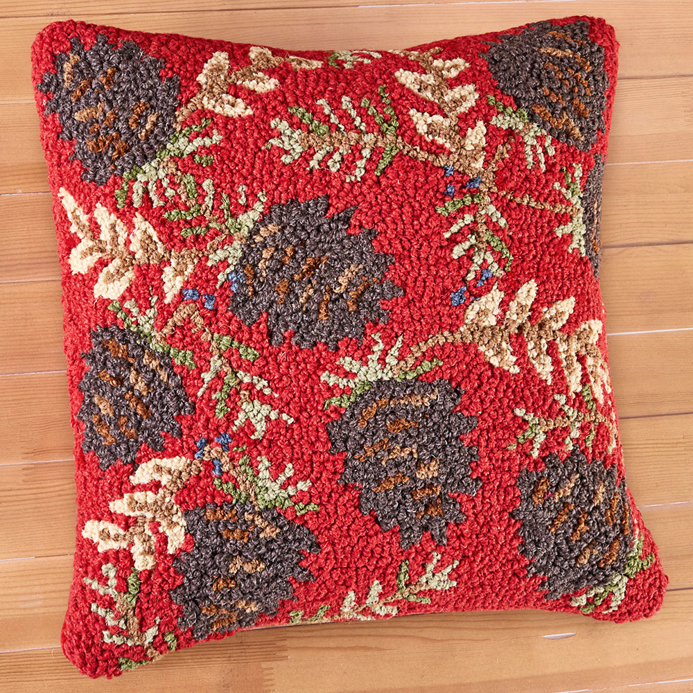 Chandler 4 Corners 18" Hooked Pillow, Ruby Pinecones