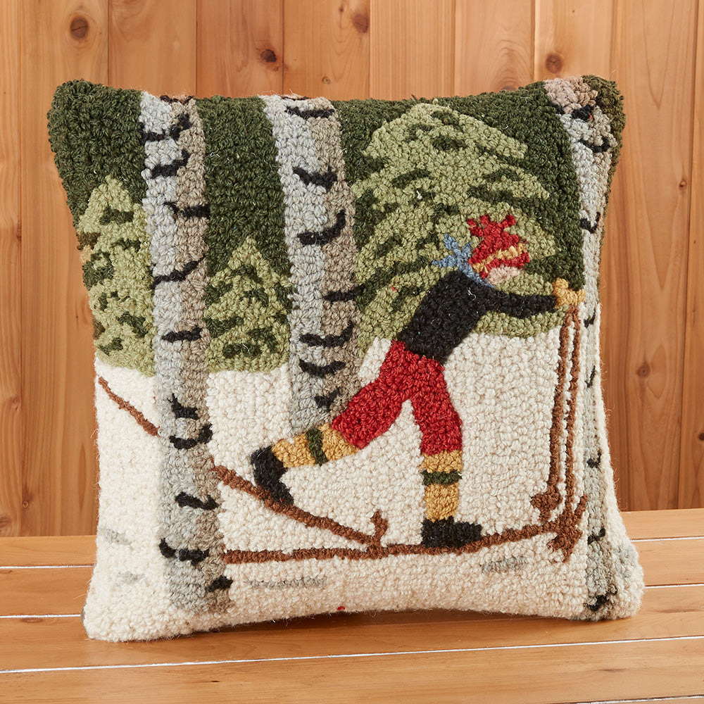 Chandler 4 Corners 18" Hooked Pillow, Back Country Skier