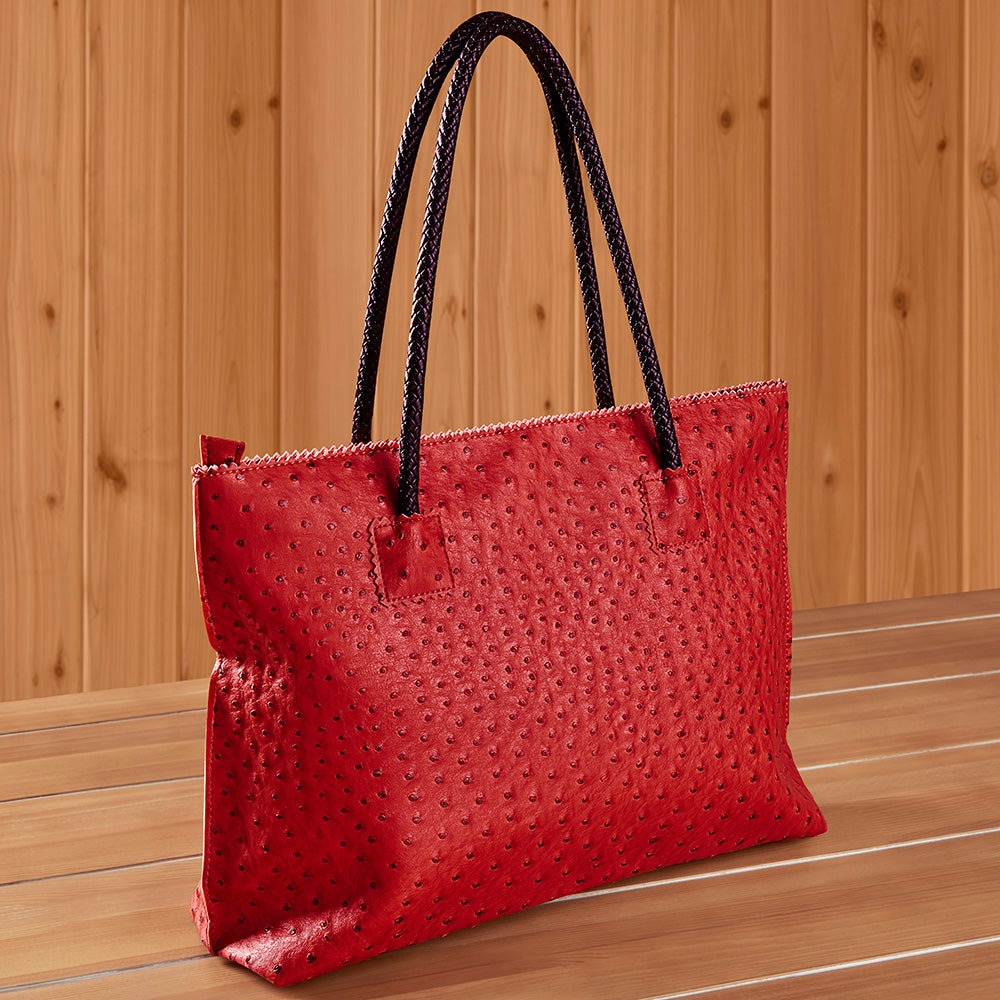 22 Tote Vegan Ostrich Leather Zip Tote Handbag - Red , 18 x 4 x 13