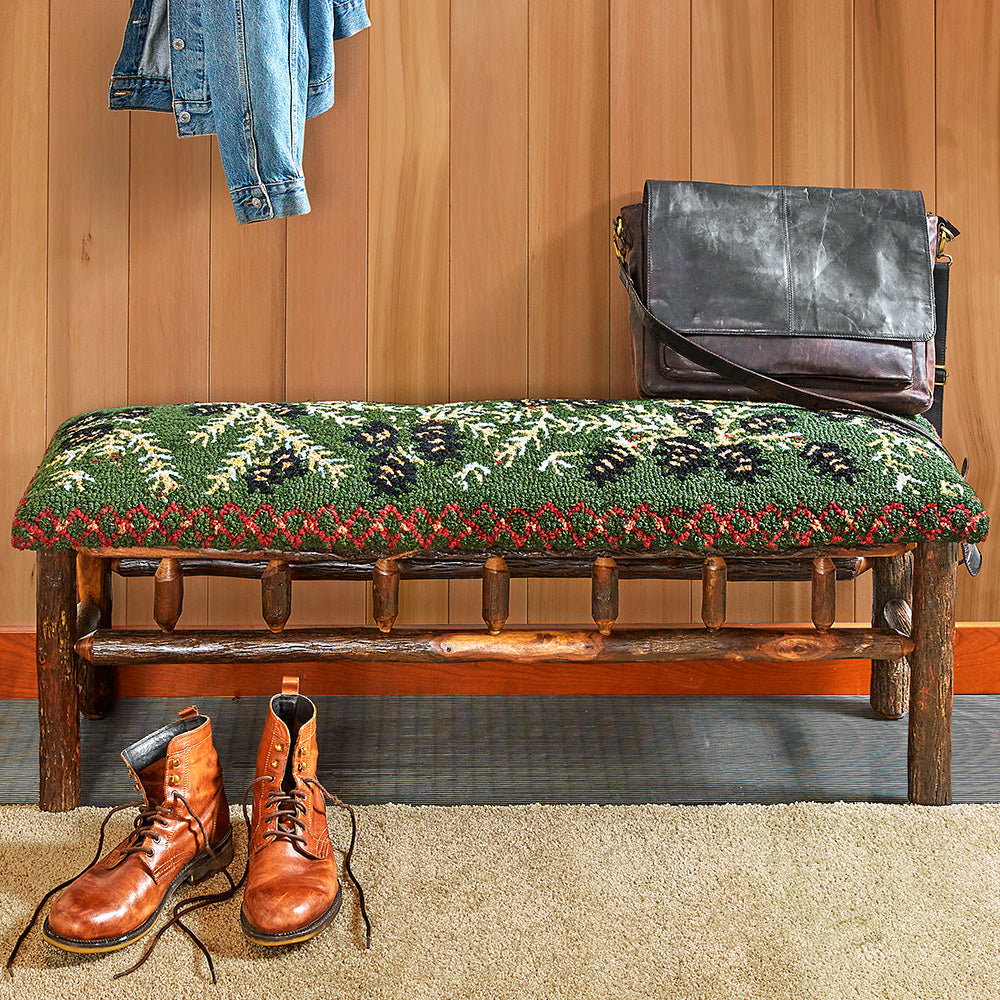 Chandler 4 Corners 48" Hickory Bench with Hooked Wool Seat, Diamond Pine