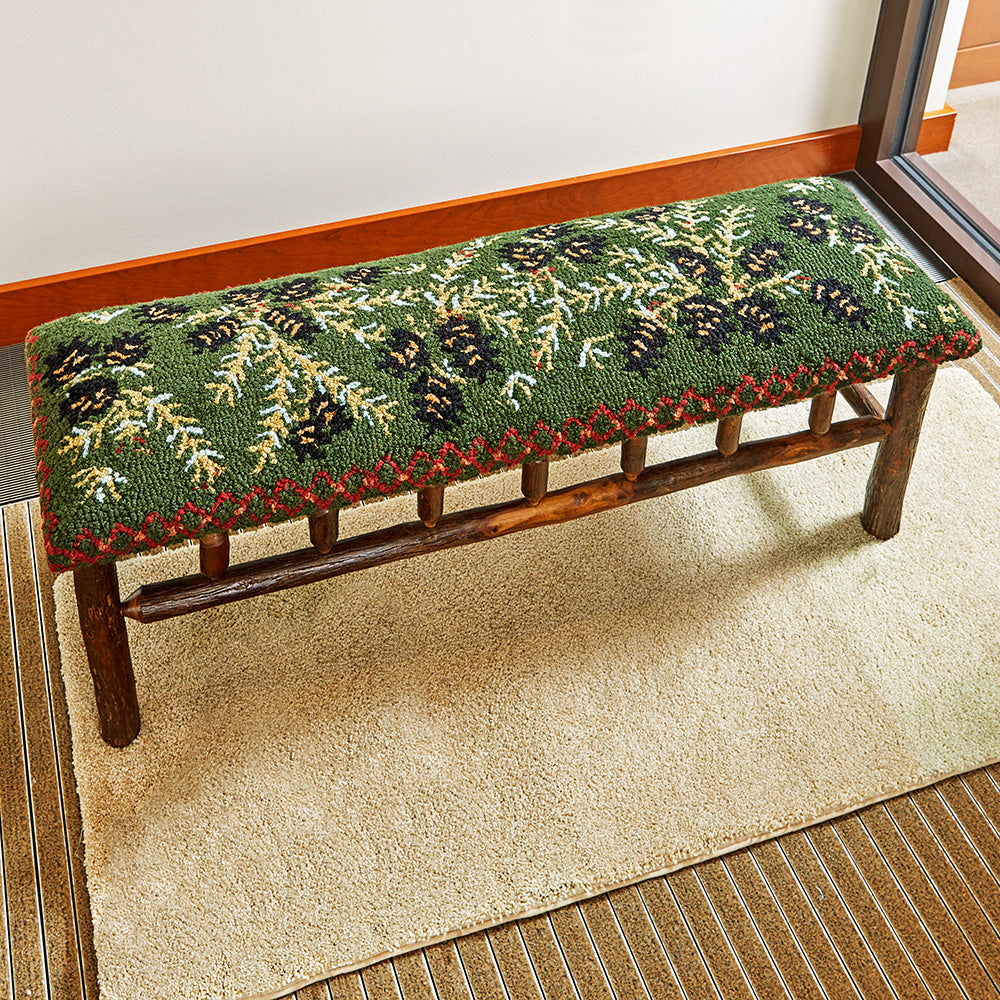 Chandler 4 Corners 48" Hickory Bench with Hooked Wool Seat, Diamond Pine