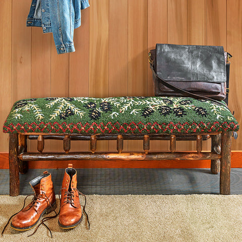 Chandler 4 Corners 48" Hickory Bench with Hooked Wool Seat, Diamond Pine
