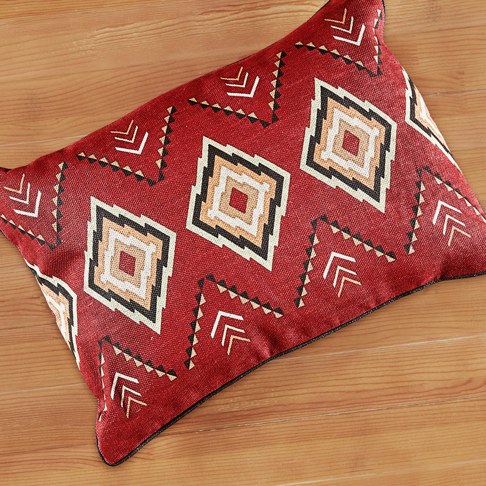 New Moon Woven Linen Lumbar Pillow, Red and Silver