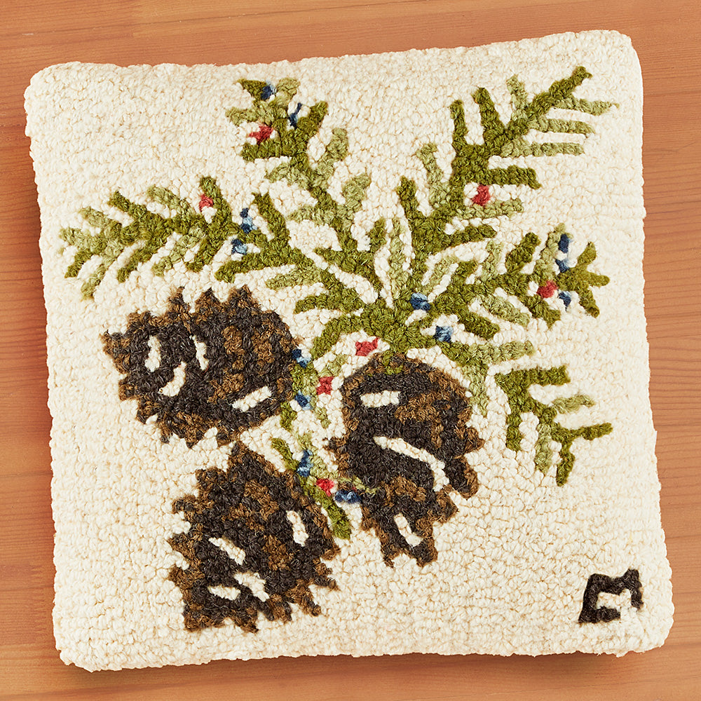 Chandler 4 Corners 14" Hooked Pillow, Pinecones & Berries
