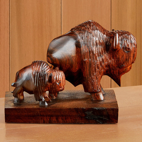 Buffalo and Baby Ironwood Carving