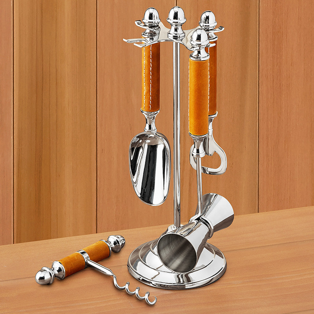 Bar Tool Set with Leather-Wrapped Handles