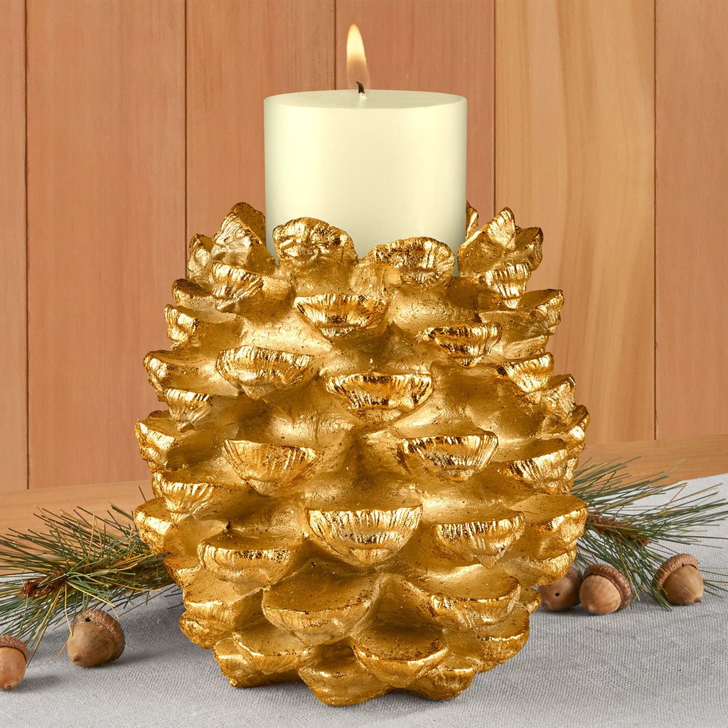 Golden Resin Pinecone Pillar Candleholder