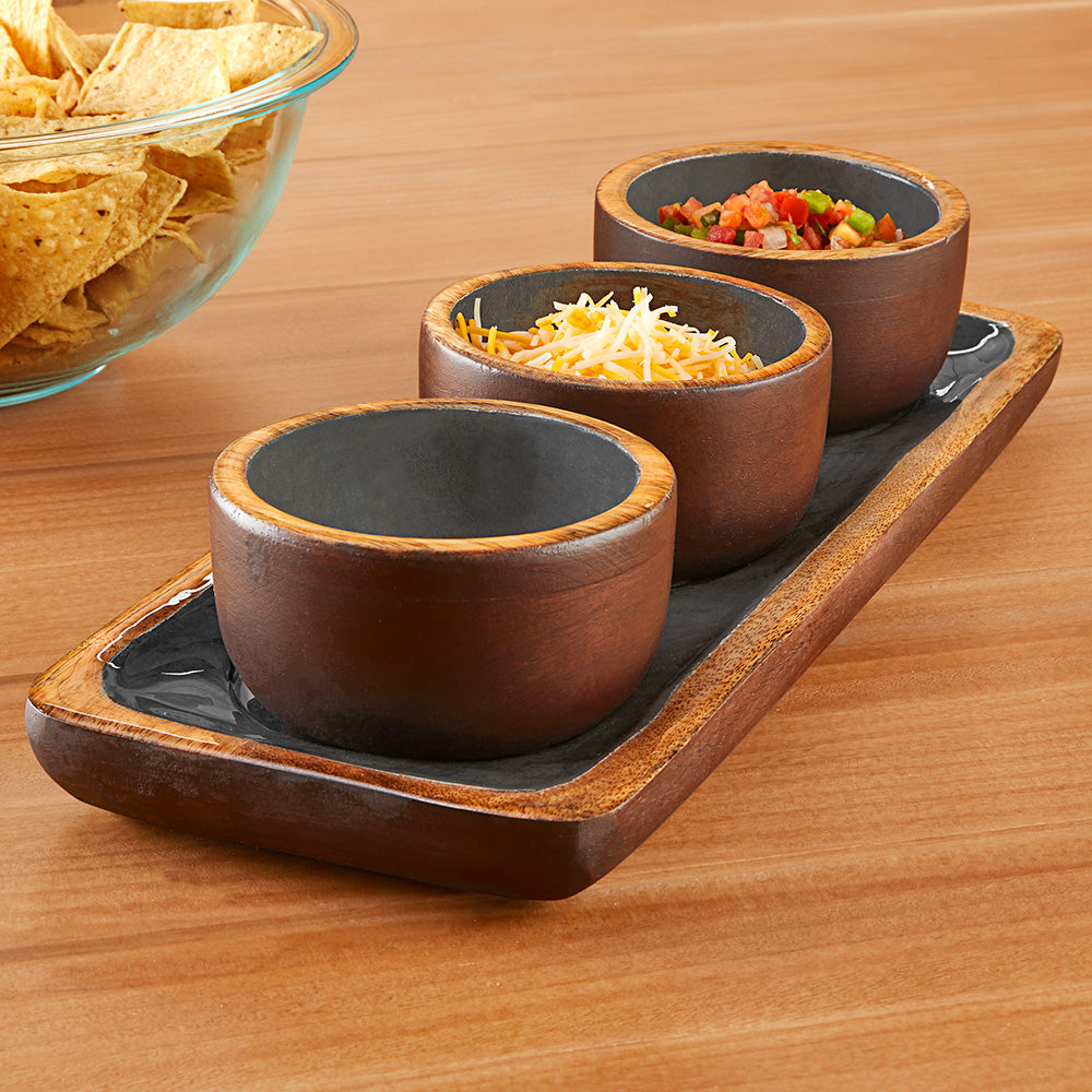 Enameled Mango Wood Condiment Bowl Set