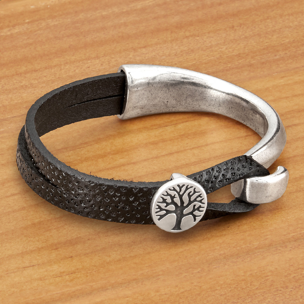 Montana Leather Half Cuff Bracelet, Tree of Life - Black , 7.5