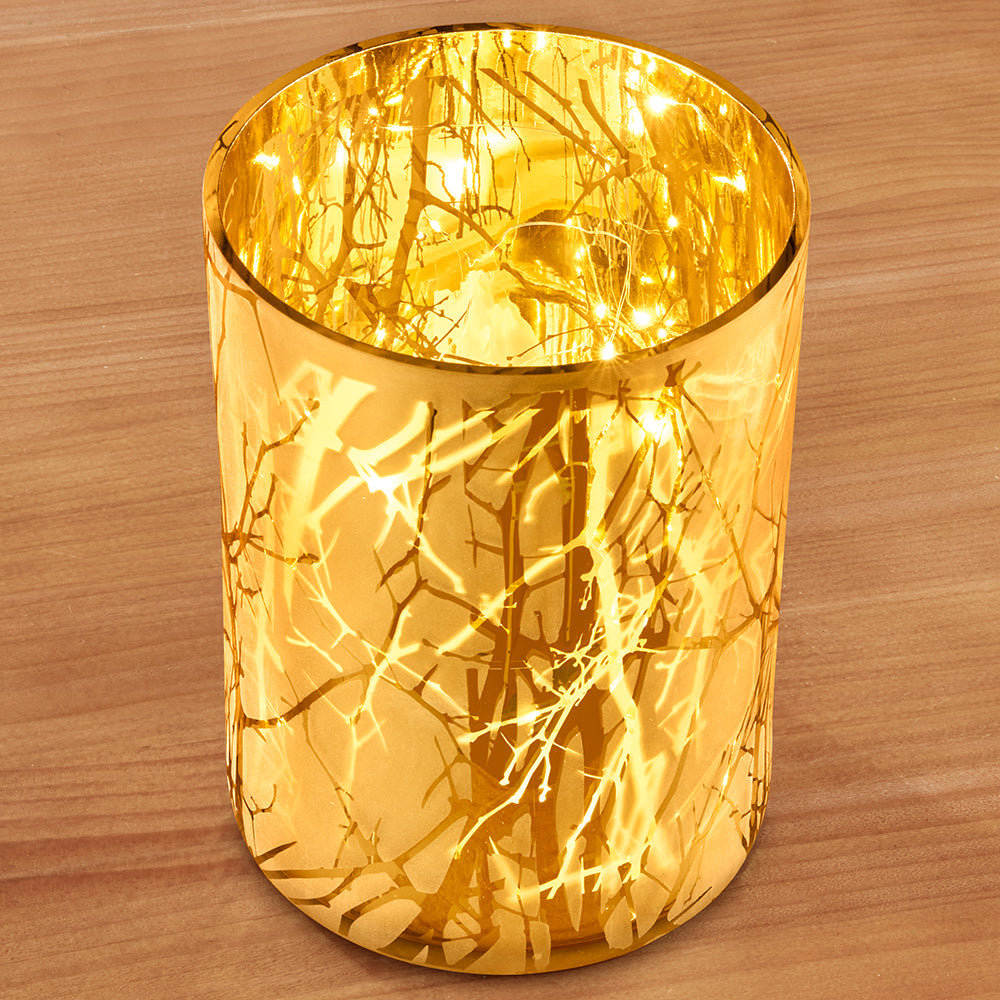 Gold Branches LED Glass Hurricane
