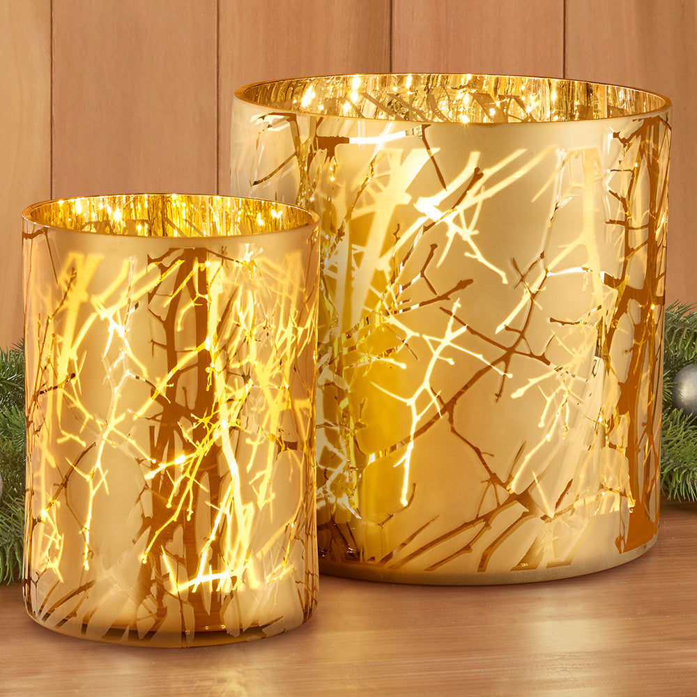 Gold Branches LED Glass Hurricane