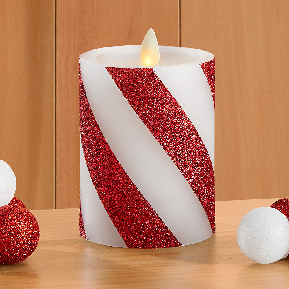 Luminara Unscented Flameless Pillar Candle, Candy Striped