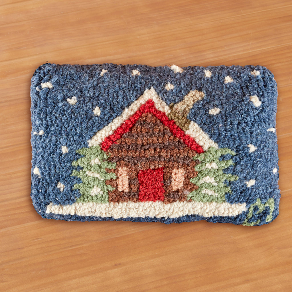Chandler 4 Corners 12" x 8" Hooked Pillow, Cabin In Snow