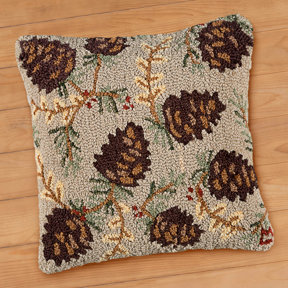 Chandler 4 Corners 18" Hooked Pillow, Northwoods Cones