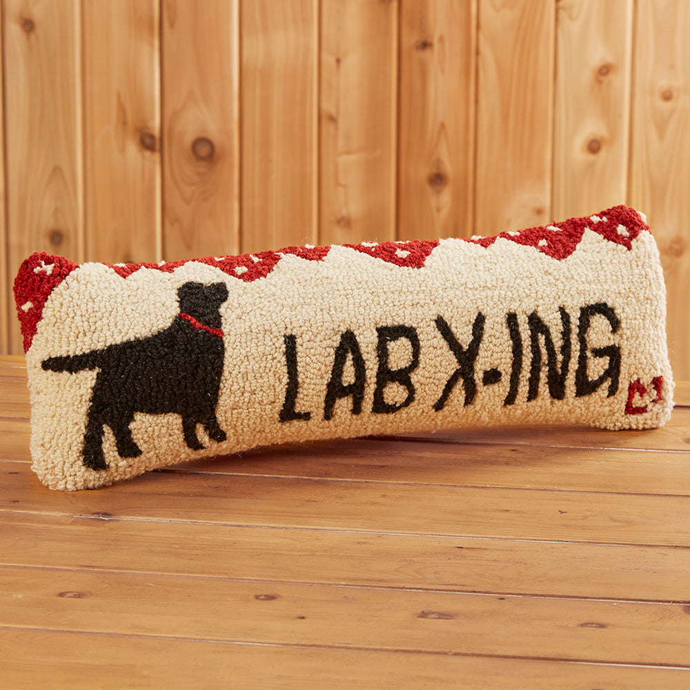 Chandler 4 Corners 8" x 24" Hooked Pillow, Lab Crossing To The Nines