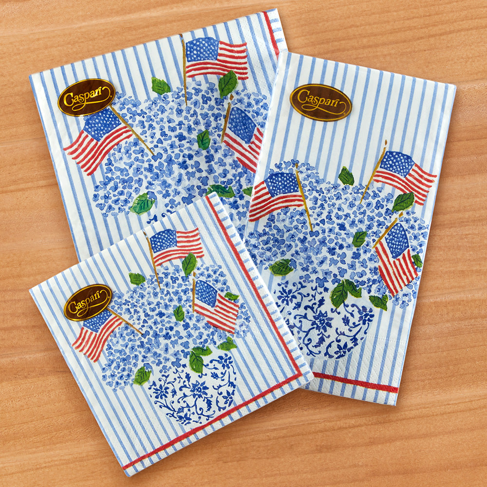 Caspari Paper Napkins & Guest Towels, Flags and Hydrangeas