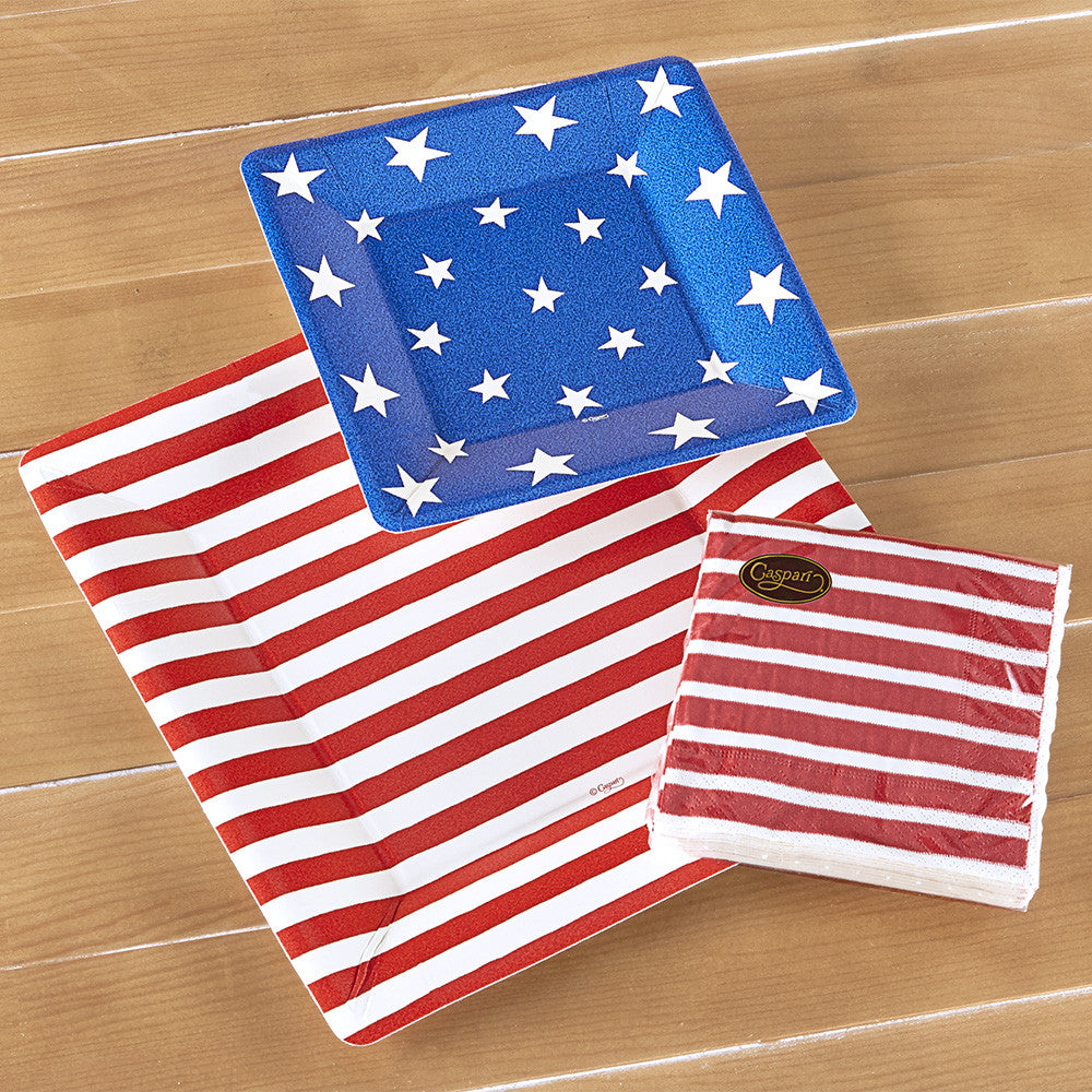 Caspari Square Paper Plates - Red & White Stripe Bretagne