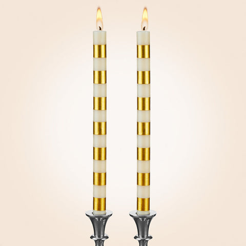 Gold Striped Beeswax Taper Candles, Box of 2