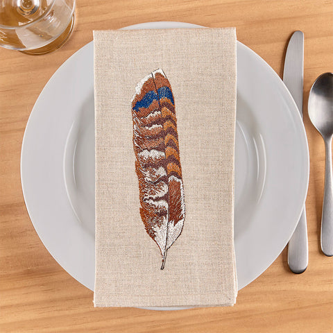 Coral & Tusk Embroidered Linen Napkin, Red-Tailed Hawk Feather