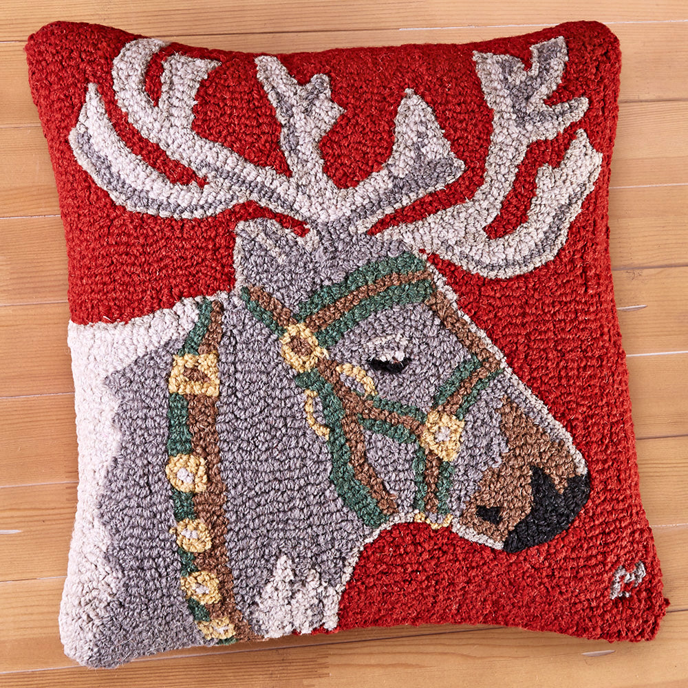 Chandler 4 Corners 18" Hooked Pillow, Reindeer Halter Green