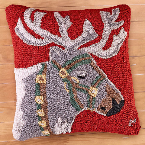 Chandler 4 Corners 18" Hooked Pillow, Reindeer Halter Green