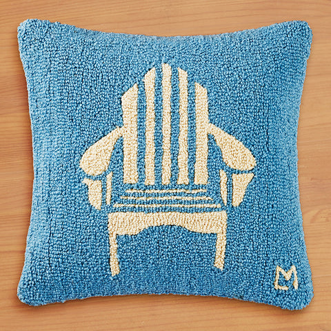 Chandler 4 Corners 18" Hooked Pillow, Adirondack Chair on Blue