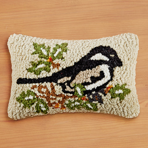 Chandler 4 Corners 12" x 8" Hooked Pillow, Chickadee in Vines